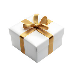 Obraz premium Elegant white gift box with golden ribbon and bow