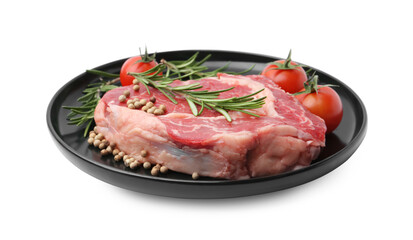 Piece of raw beef meat, spices and tomatoes isolated on white