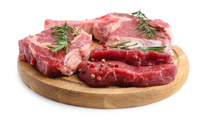 Pieces of raw beef meat and spices isolated on white