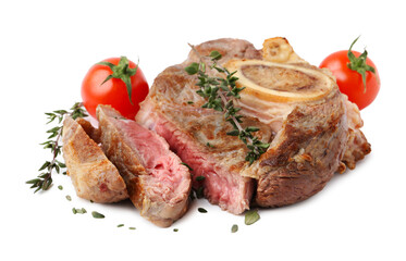 Pieces of delicious beef meat, thyme and tomatoes isolated on white