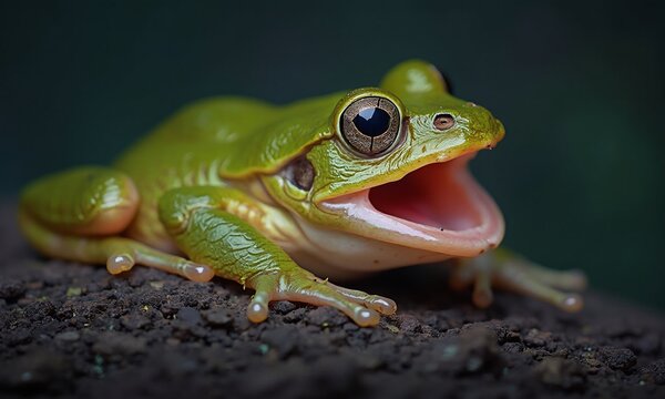 Close-up of spring peeper frog calling at dusk, throat expanded, photorealistic detail