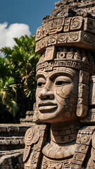 Mayan Legacy: a detailed stone carving of a serene face, likely depicting an important Mayan figure, stands tall, and surrounded by lush greenery against a bright blue sky.