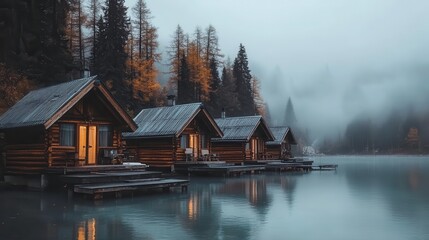Fototapeta premium Tranquil Autumn Cabins by the Water in Soft Evening Light