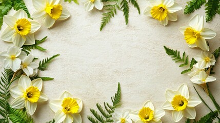 Obraz premium Minimalist square frame formed by daffodil blooms and soft fern leaves, symmetrically arranged on a textured paper background