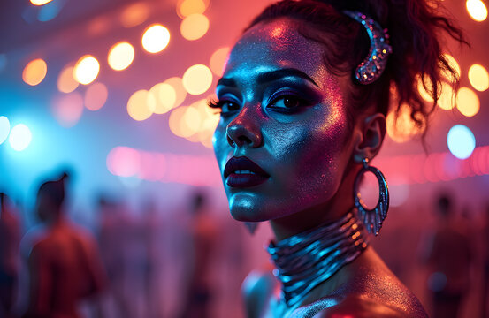 A futuristic circus ringleader metallic and glowing face paint