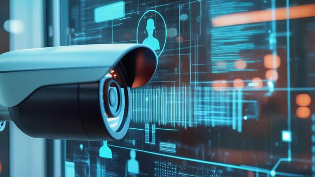 Advanced ai powered security camera tracking individuals through biometric data collection, enhancing urban safety monitoring with cutting edge facial recognition technology
