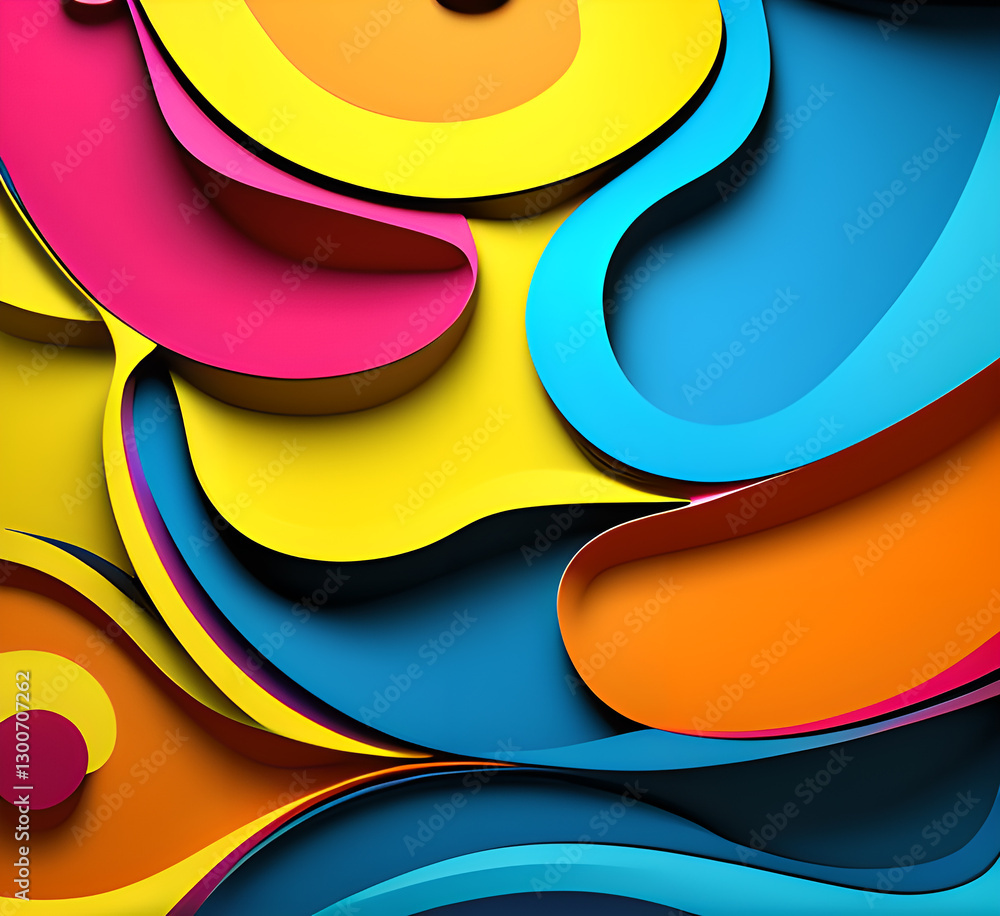 Fototapete This colorful illustration features vibrant abstract layers that flow and swirl gracefully across a serene blue background, creating a dynamic and engaging visual element.generative ai