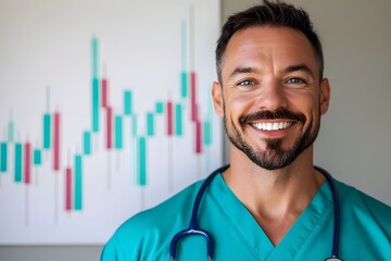 Confident Male Doctor in Teal Scrubs Blending Healthcare and Finance Aesthetics