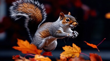 Obraz premium Leaping Squirrel Autumn Leaves Wildlife Nature Fall Jump Action