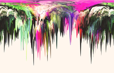 Cascade of vivid dripping colors in pink, green, and black. The abstract, elongated streaks create a dramatic, surreal effect on a pale background