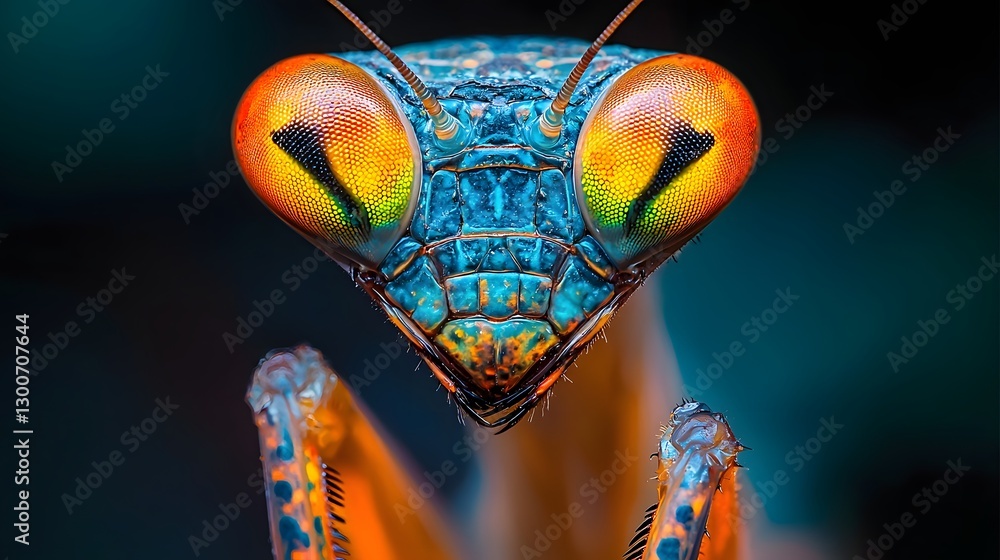 Poster captivating close up of a vibrant praying mantis eye with intricate facets and reflections