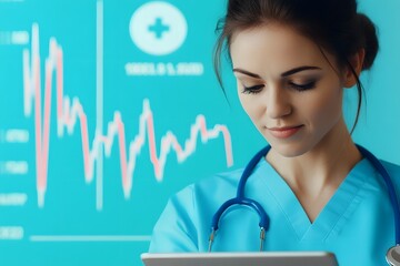 Confident Nurse in Scrubs Interacts with Tablet Against a Minimalist Market Graph Background