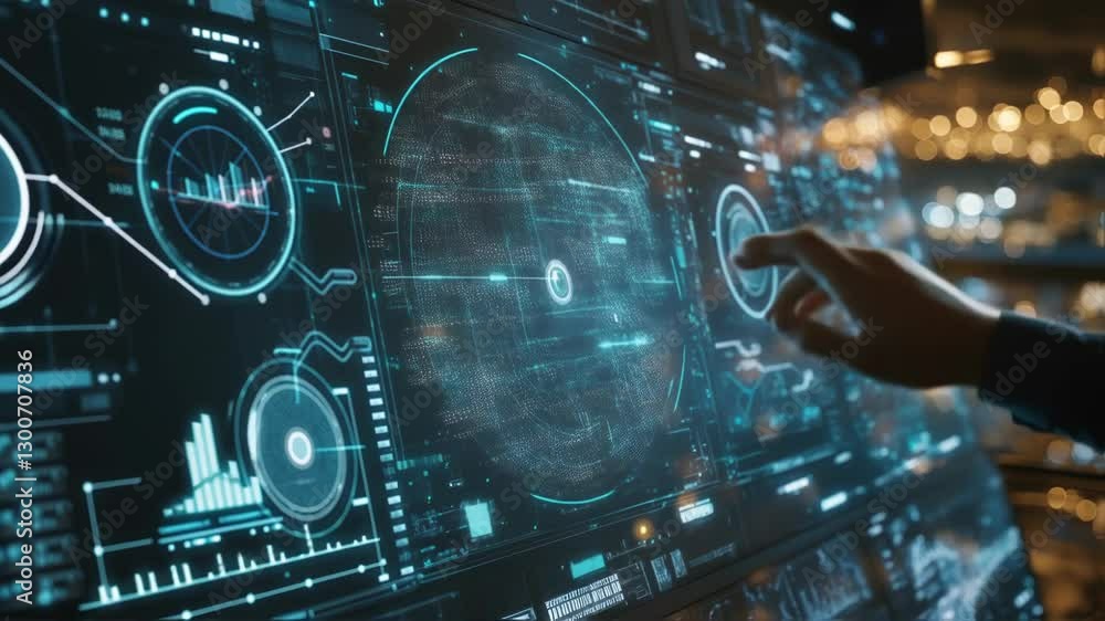 Poster engineer interacts with a futuristic touchscreen interface, navigating complex data visualizations a