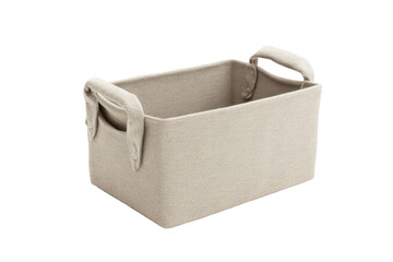 beige rectangular woven basket with handles isolated on transparent background neutral color empty container for storage and organization in home or office