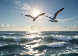 Seagulls soaring above a vast blue ocean with gentle waves ,  waves,  ocean,  aquatic scenery