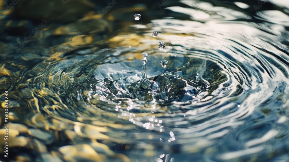 Poster water droplet impacting surface creating ripples and refracted patterns