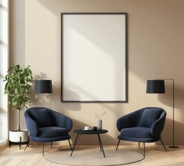 Two blue armchairs facing each other with a coffee table. a plant. two black lamps. and a large blank poster frame in a modern living room