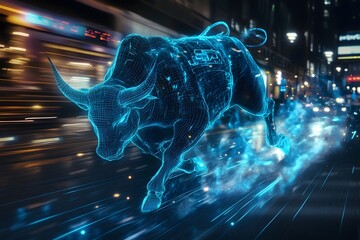 Cybernetic Bull Charges Forward Amidst Neon Blue Energy and Holographic Market Data
