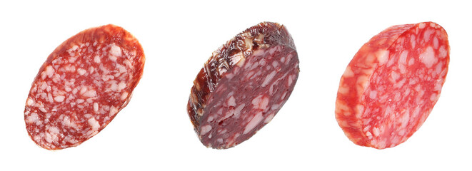 Slices of smoked sausages isolated on white, set