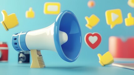 Digital Marketing Amplification with Megaphones and Creative Visuals in Clean Workspace