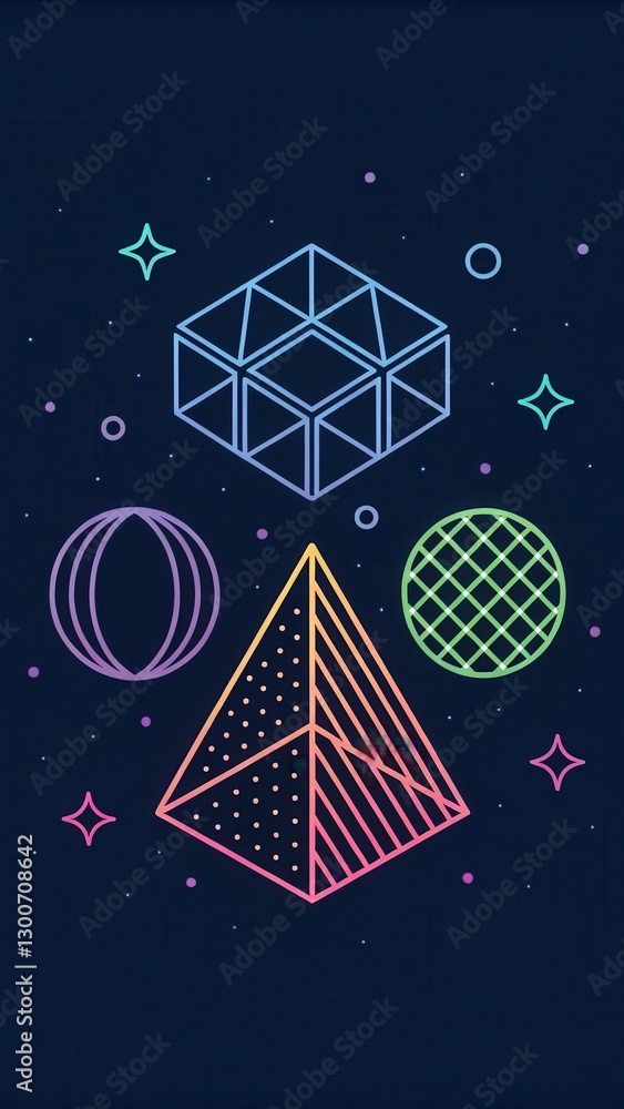 Poster geometric shapes in neon colors create a minimalist composition against a dark background. generativ