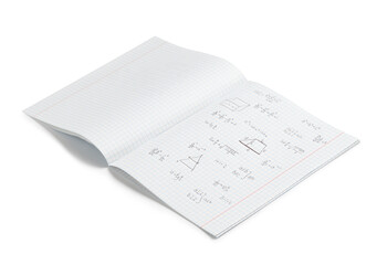 Copybook with handwritten maths formulas isolated on white background