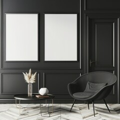 Fototapeta premium Black and white interior design with an armchair. coffee table. and two empty frames for mockup