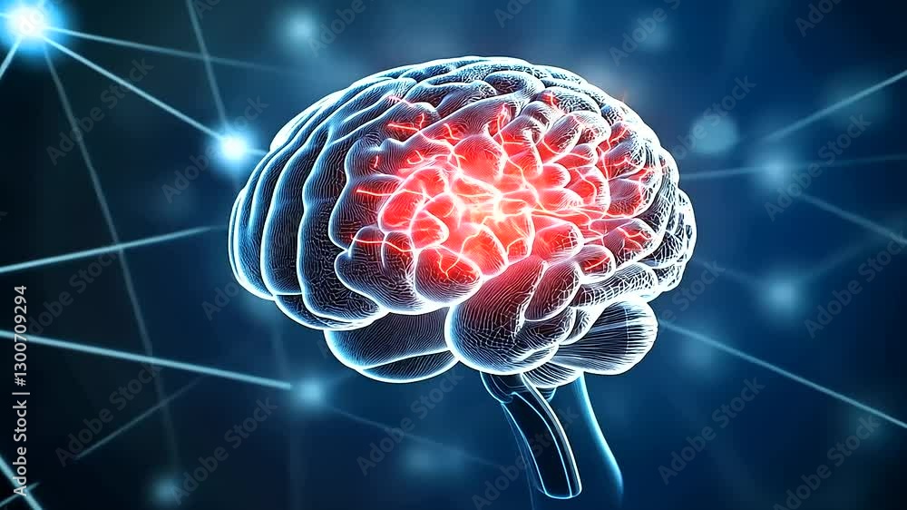 Poster electric signals spark between glowing nerve cells in the brain’s neural network, illustrating the m