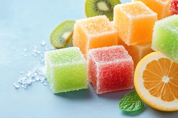 Colorful fruit jelly cubes with fresh citrus and mint, perfect for a sweet treat or dessert display.