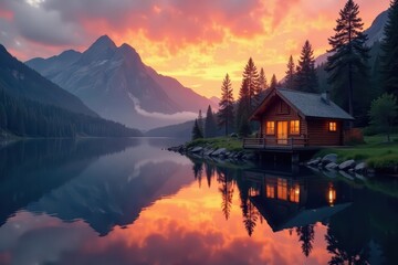 Fototapeta premium Sunrise paints cabin windows gold, reflecting on still lake , landscape, clouds