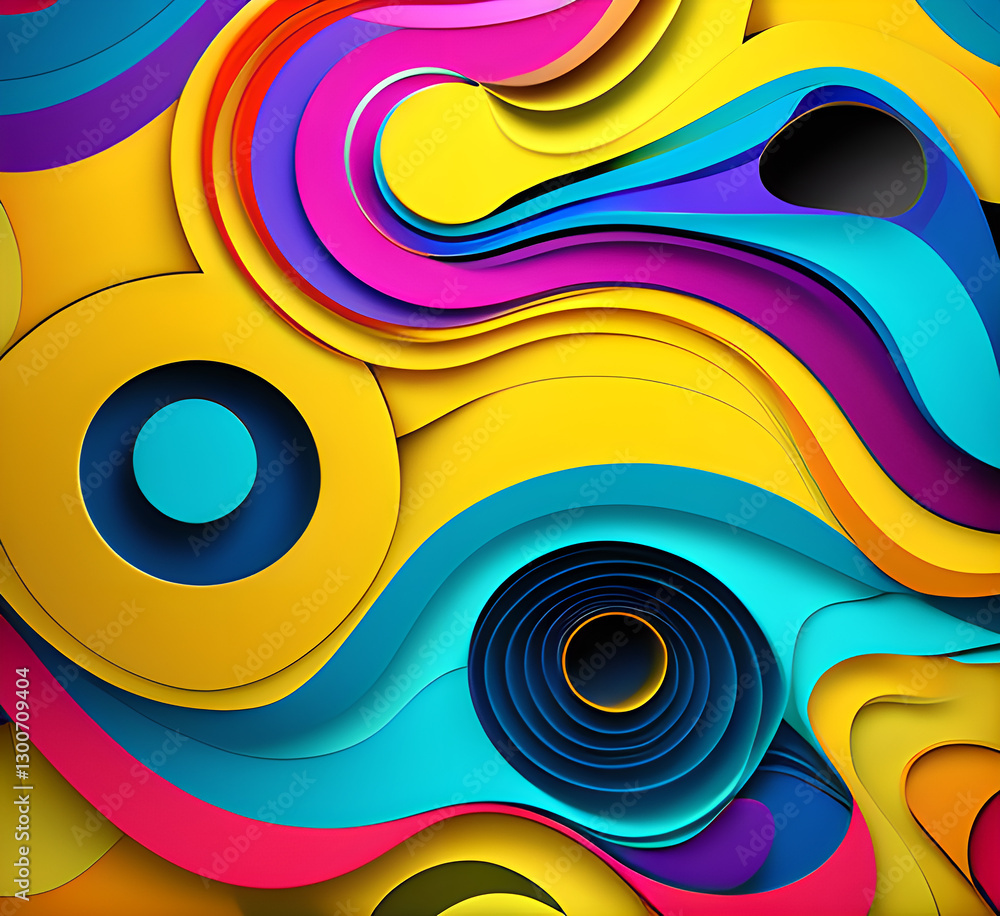 Fototapete This colorful illustration features vibrant abstract layers that flow and swirl gracefully across a serene blue background, creating a dynamic and engaging visual element.generative ai