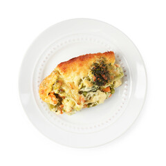 Tasty vegetable casserole isolated on white, top view