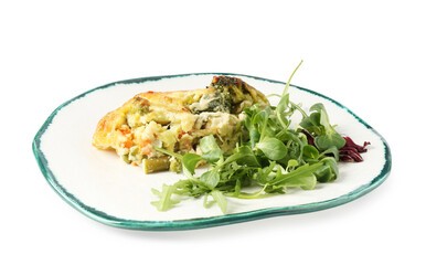 Tasty vegetable casserole and arugula isolated on white