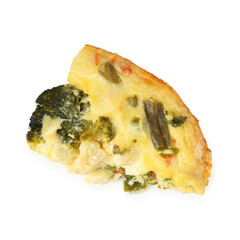 Piece of tasty vegetable casserole isolated on white, top view