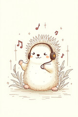 Hedgehog Listening Music Line Art