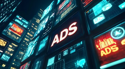 Fototapeta premium Futuristic Cityscape with Vibrant Digital Billboards and Advertising Displays
