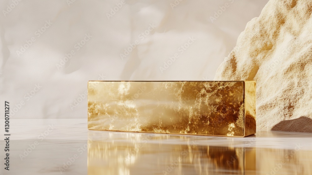 Poster golden rectangular display on marble with beige background