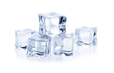 Many crystal clear ice cubes isolated on white