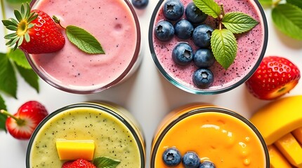 Overhead Fruit Smoothies with Mint Garnish Presentation