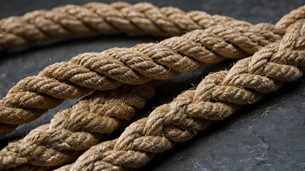Detailed Rope Close-Up: A close-up shot showcases the intricate texture and robust construction of a thick, coiled rope. The natural fibers are beautifully highlighted against a textured background.