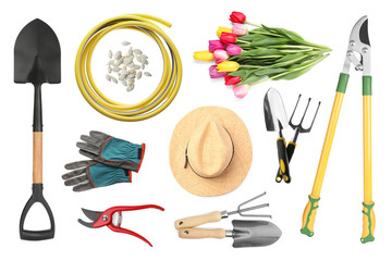 Set of different gardening tools and tulips isolated on white