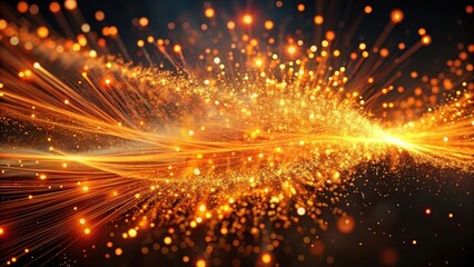 Fototapeta premium Vibrant orange particles suspended in mid-air, emitting a mesmerizing glow, as they create an intricate optical fiber structure, optical fiber, cosmic dust