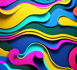 This colorful illustration features vibrant abstract layers that flow and swirl gracefully across a serene blue background, creating a dynamic and engaging visual element.generative ai