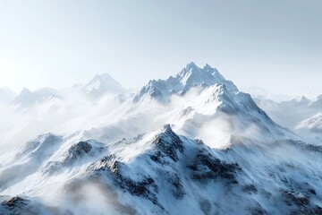 Snowy Peaks Emerging from Mist, Majestic Mountain Range, Winter Landscape.