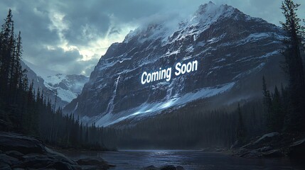"Coming Soon" projected onto the side of a mountain like a light show, realistic, very detailed