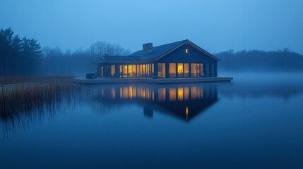 Obraz premium Tranquil Lake at Dusk with Charming Rustic Cabin