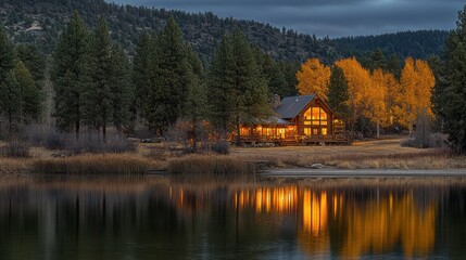 Obraz premium Tranquil Lake at Dusk with Charming Rustic Cabins