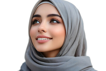 Beautiful Muslim Woman Model Wearing Hijab with Smile and Uplifting Gaze, Isolated on Transparent Background for Fashion, Editorial, or Portfolio Use