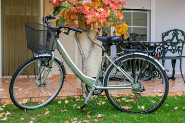 Fototapeta premium Aluminum bicycle on the lawn of a rural garden with bushes in autumn.