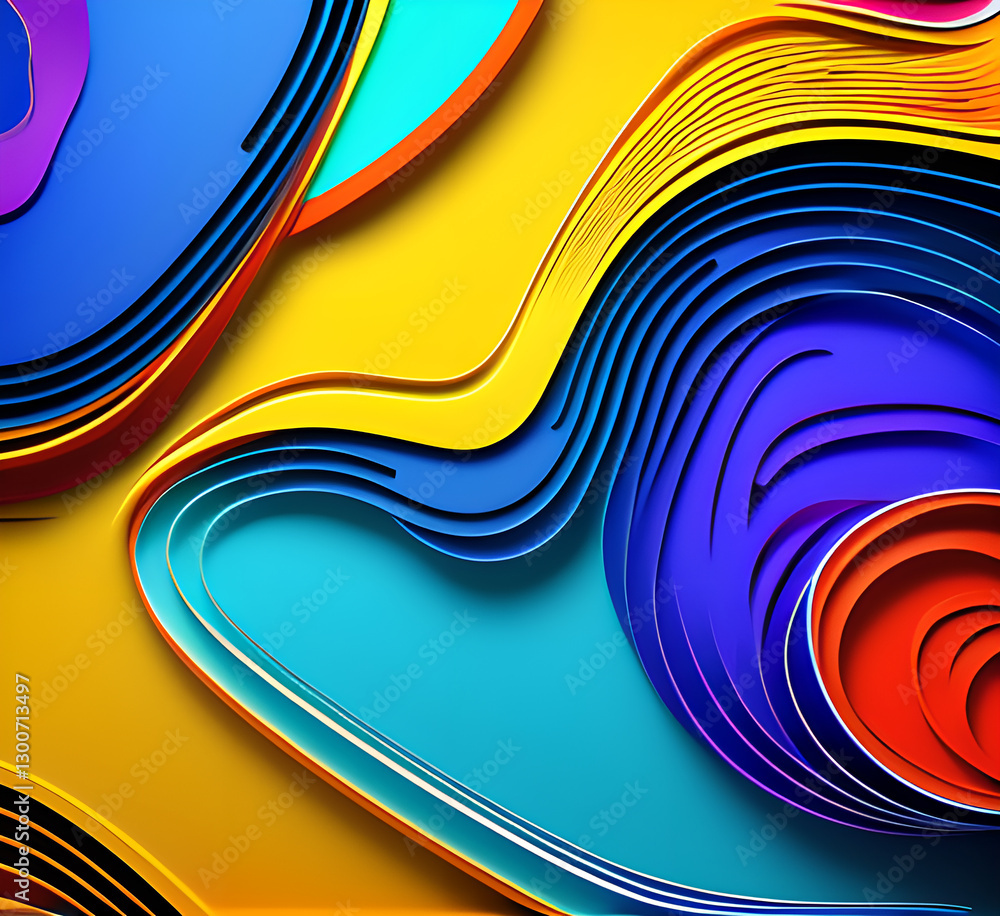 Fototapete This colorful illustration features vibrant abstract layers that flow and swirl gracefully across a serene blue background, creating a dynamic and engaging visual element.generative ai